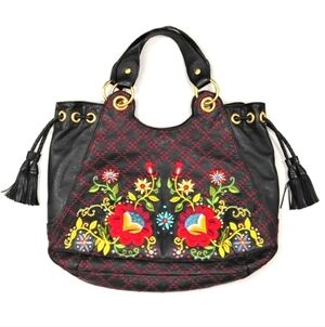 Isabella Fiore Black Large Leather Bohemian Hobo Floral Embroidered Handbag